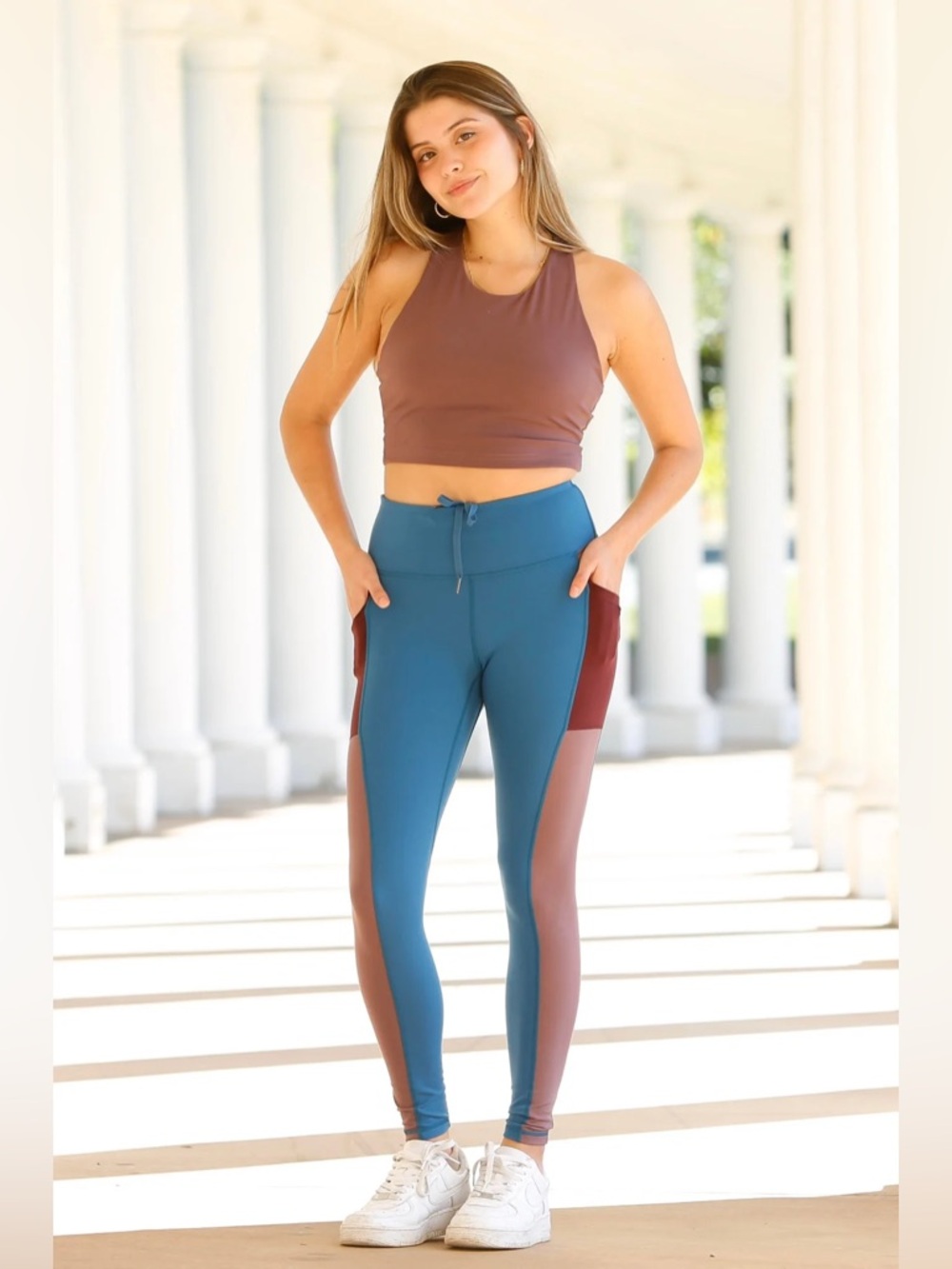 NWOT Relay Active Kayla Pocket Leggings in Sapphire/Black Cherry/Lavender Haze